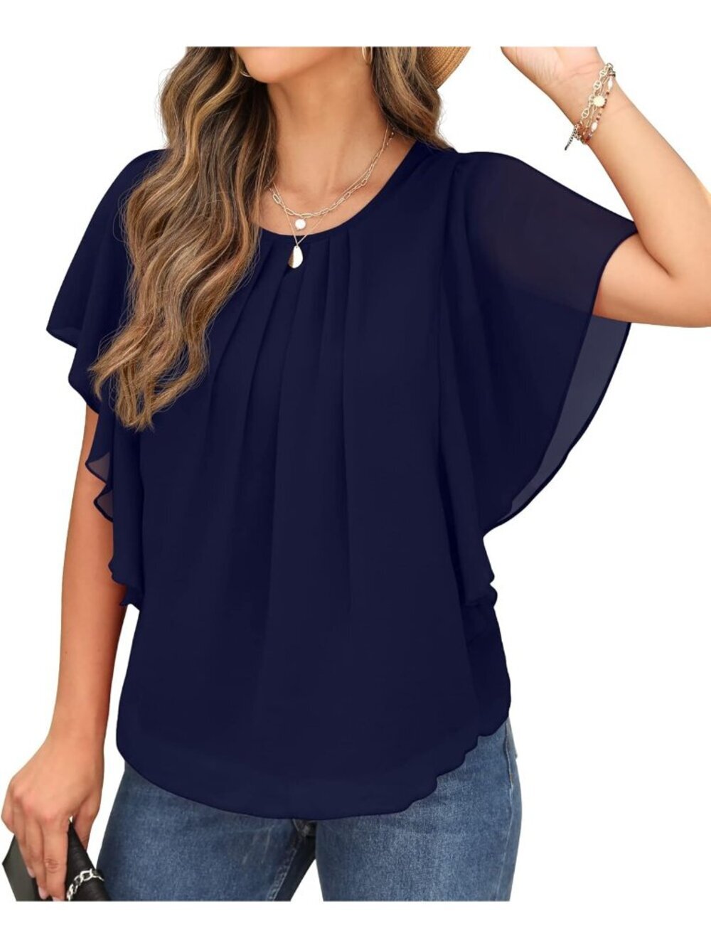 Women's Summer Casual Blouses Navy Blue2 Loose Round Neck Chiffon Flowy Tops